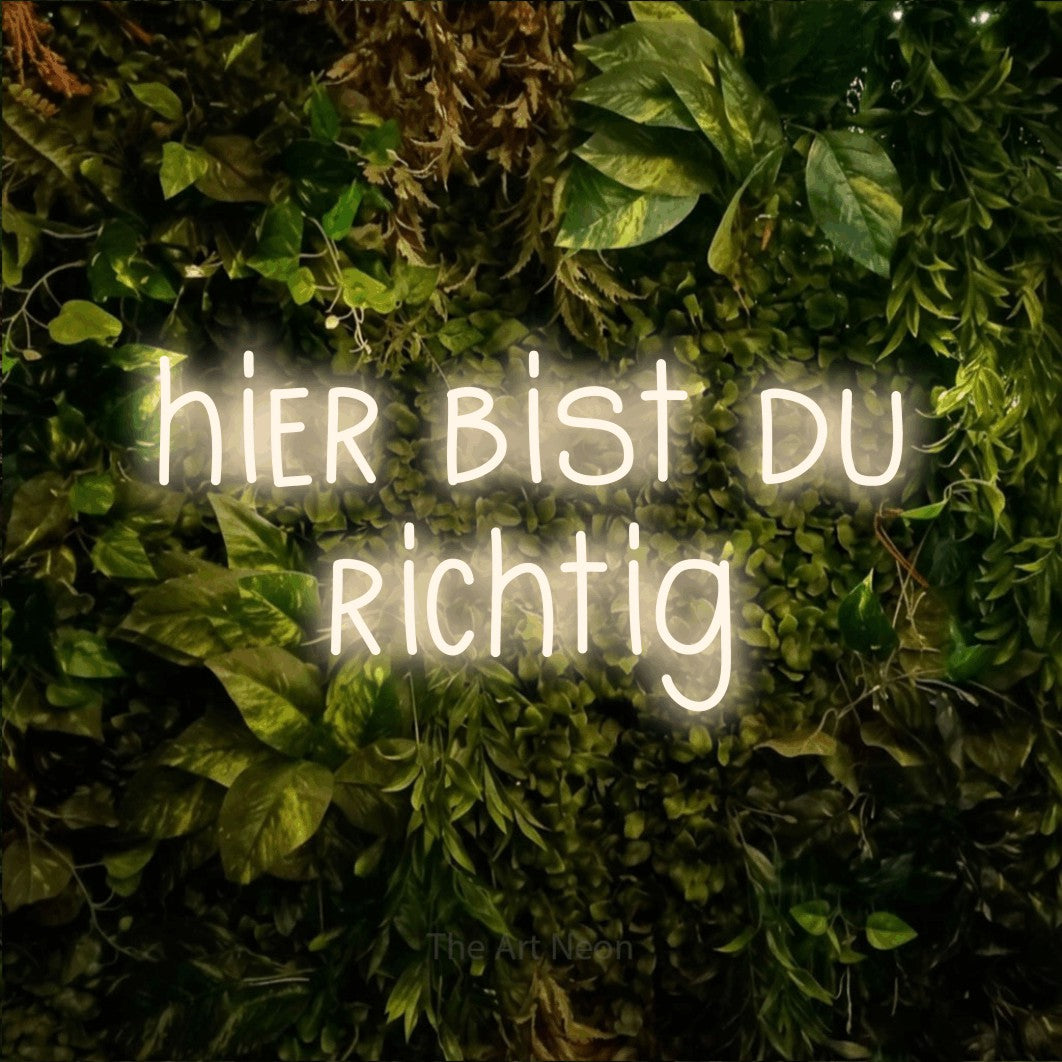 LED neon sign reading “hier bist du richtig”, arranged in 2 lines.
