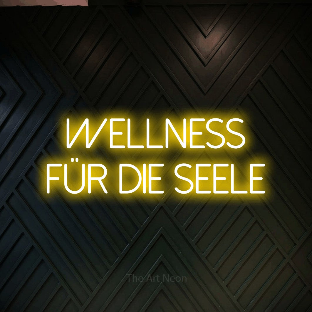 LED neon sign reading “Wellness für die Seele”, arranged in 2 lines.
