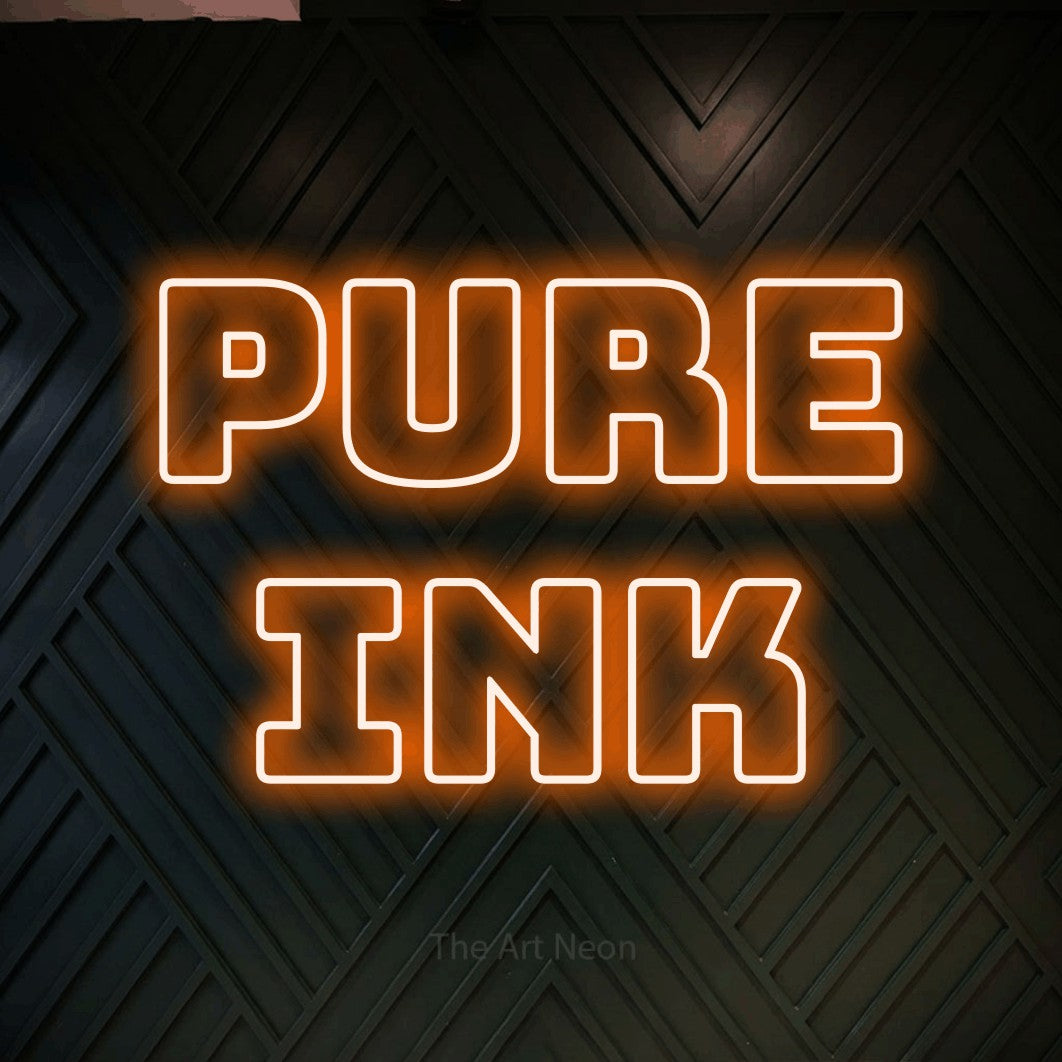 LED neon sign reading “Pure Ink”, arranged in 2 lines.