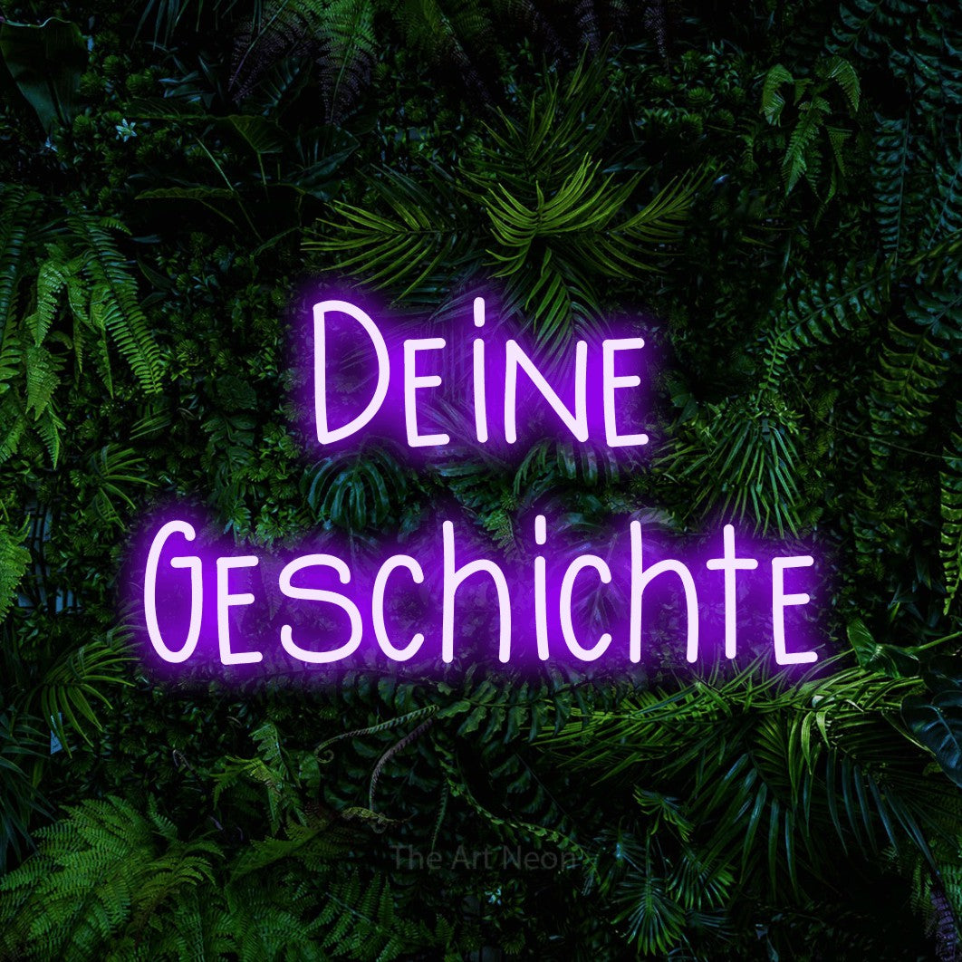 LED neon sign reading “Deine Geschichte”, arranged in 2 lines.