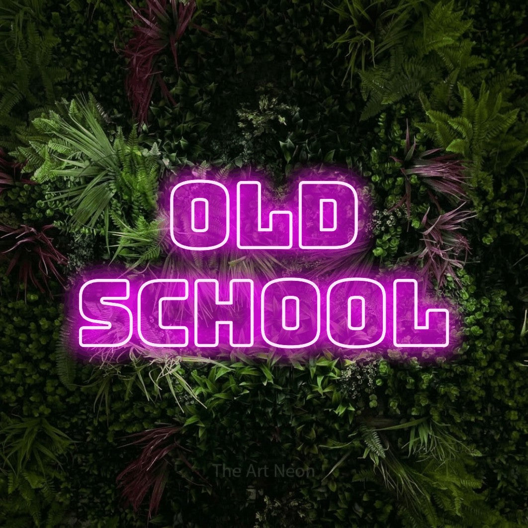 LED neon sign reading “old SCHOOL”, arranged in 2 lines.