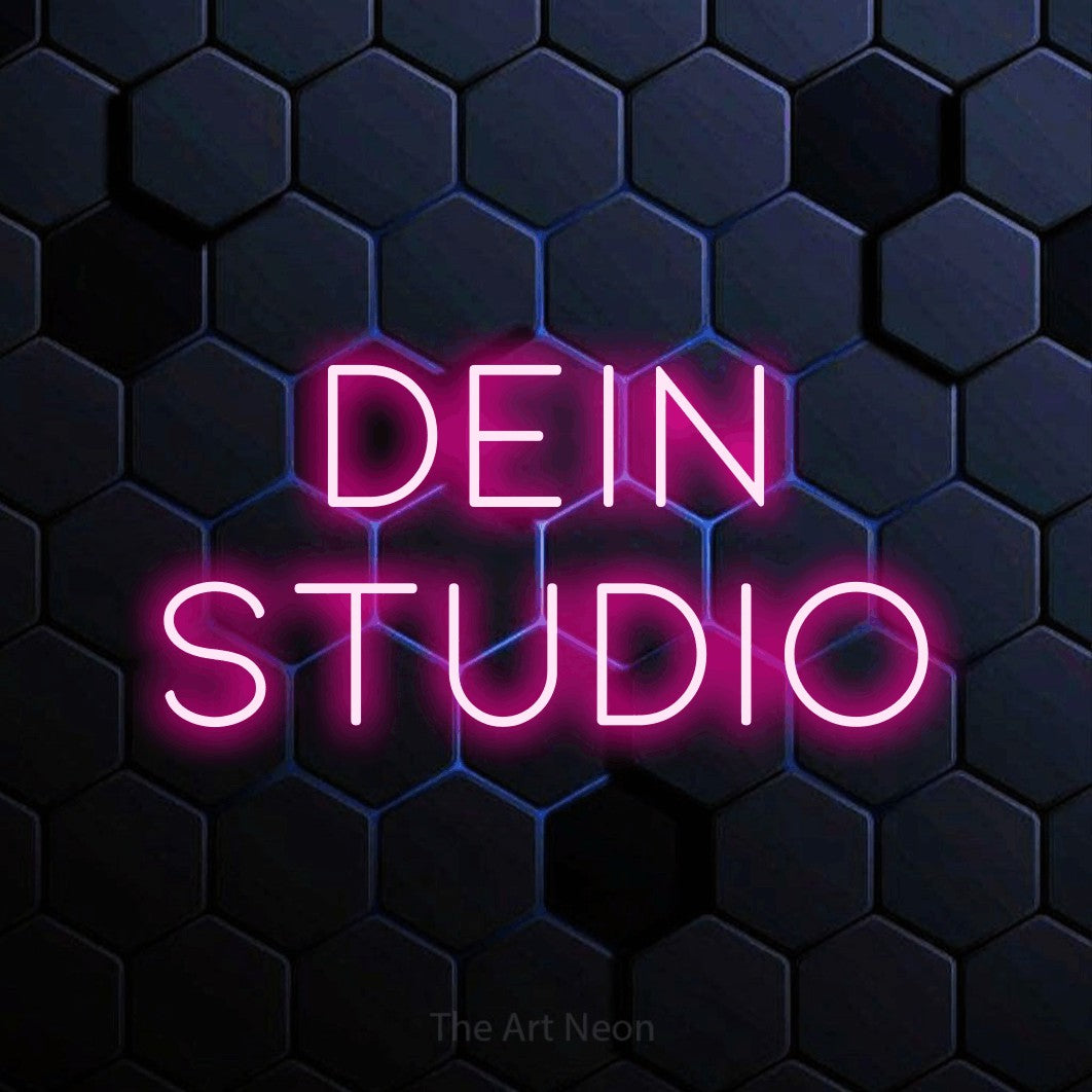 LED neon sign reading “Dein Studio”, arranged in 2 lines.
