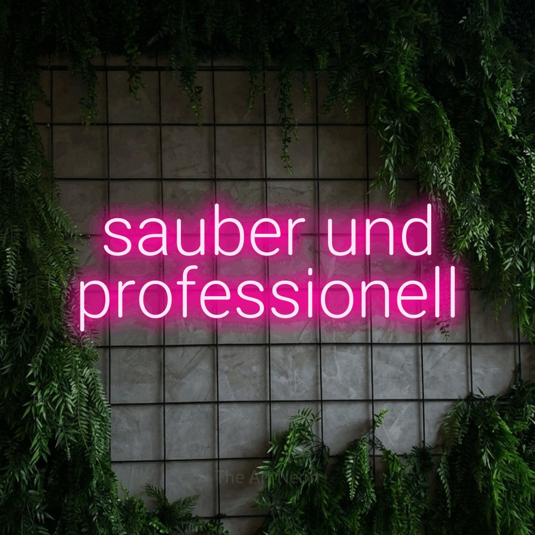 LED neon sign reading “sauber und professionell”, arranged in 2 lines.
