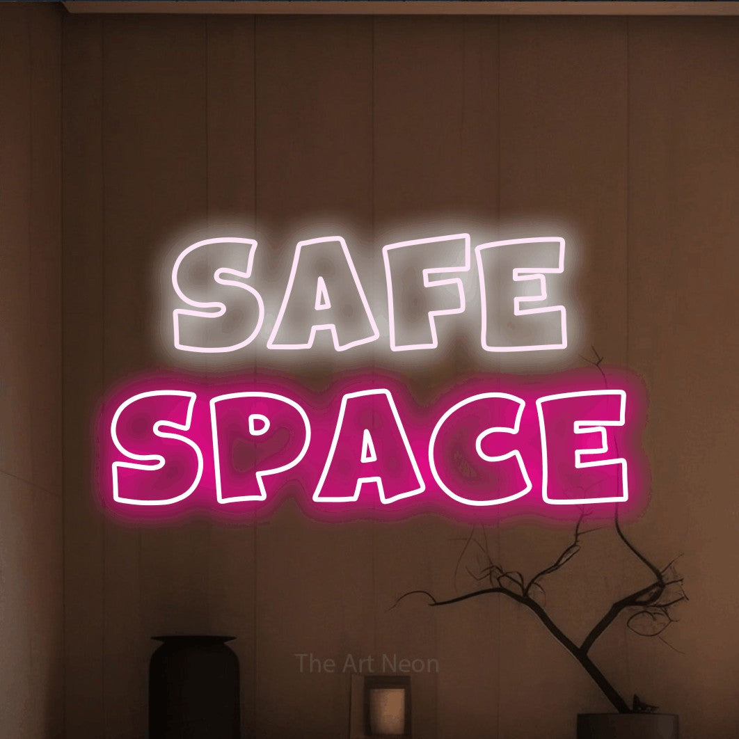 LED neon sign reading “SAFE SPACE”, arranged in 2 lines.
