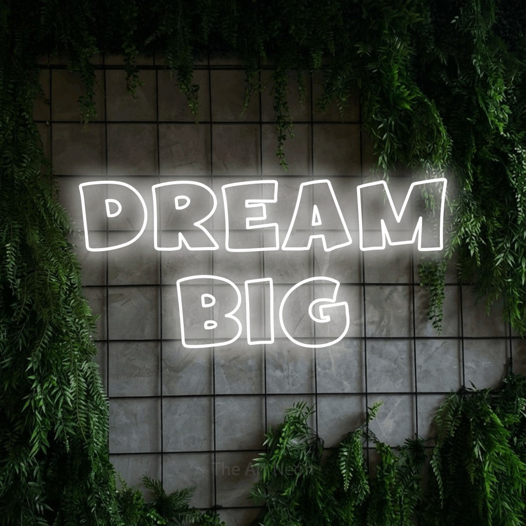 LED neon sign reading “DREAM big”, arranged in 2 lines.