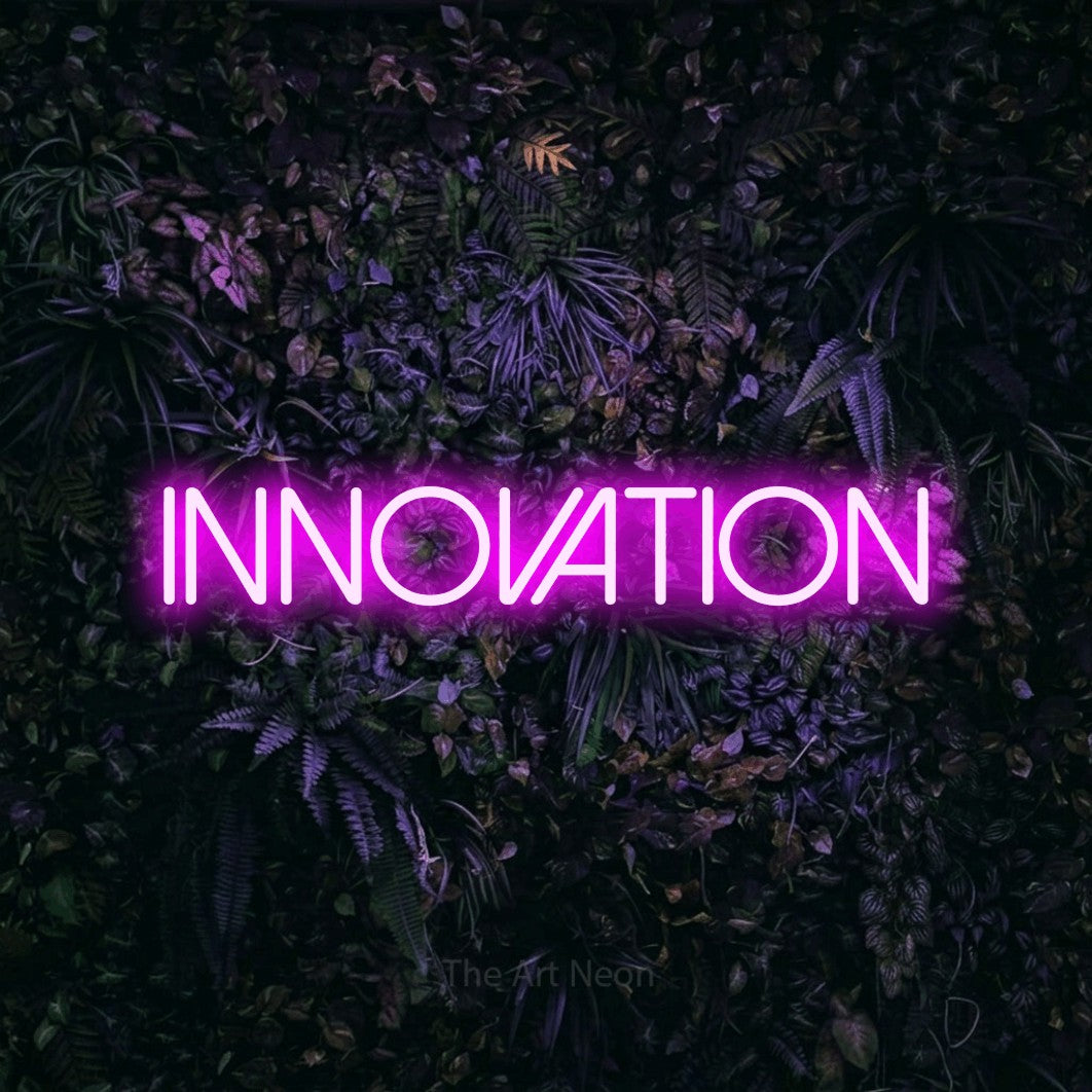 LED neon sign reading “INNOVATION”, arranged in a single line.