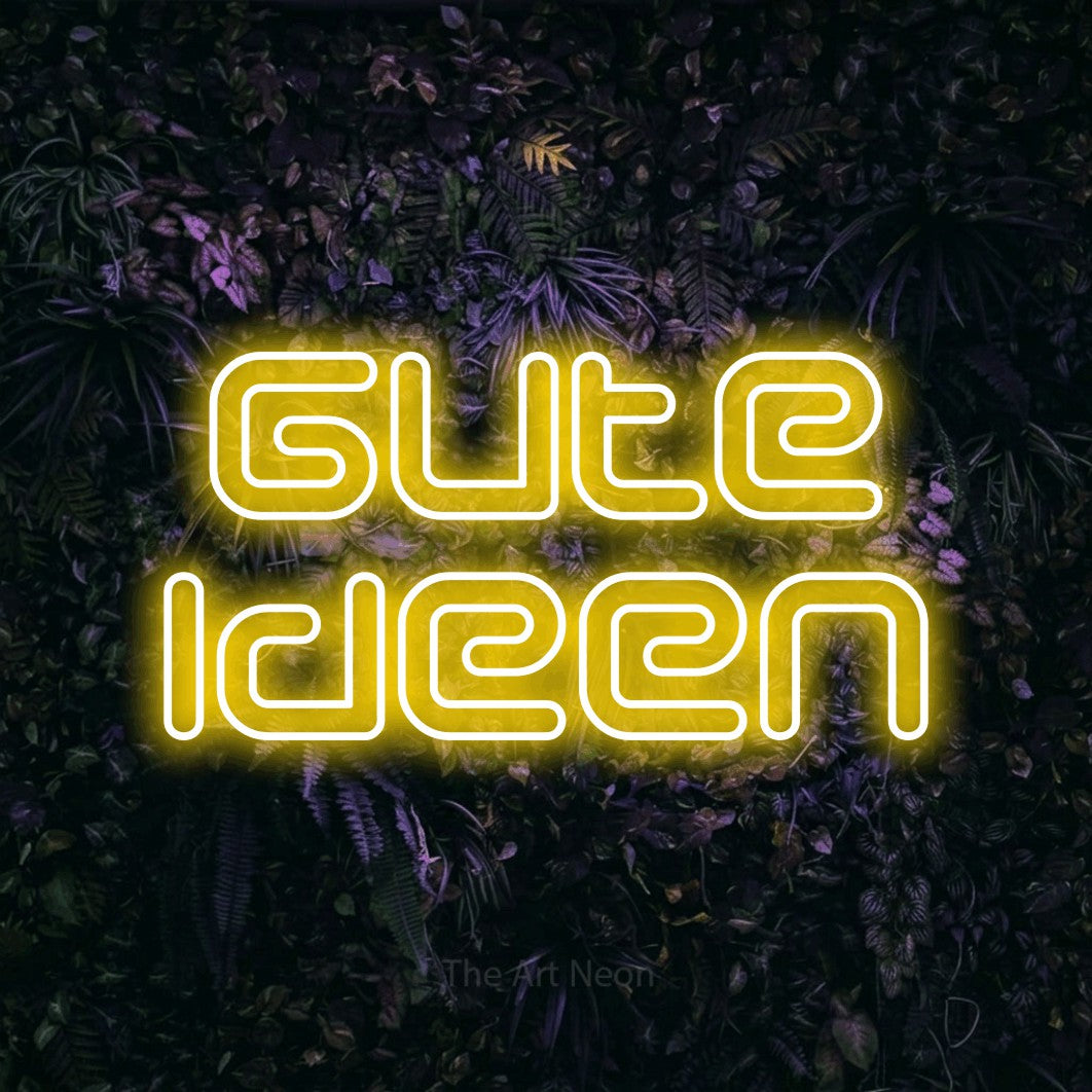 LED neon sign reading “Gute Ideen”, arranged in 2 lines.