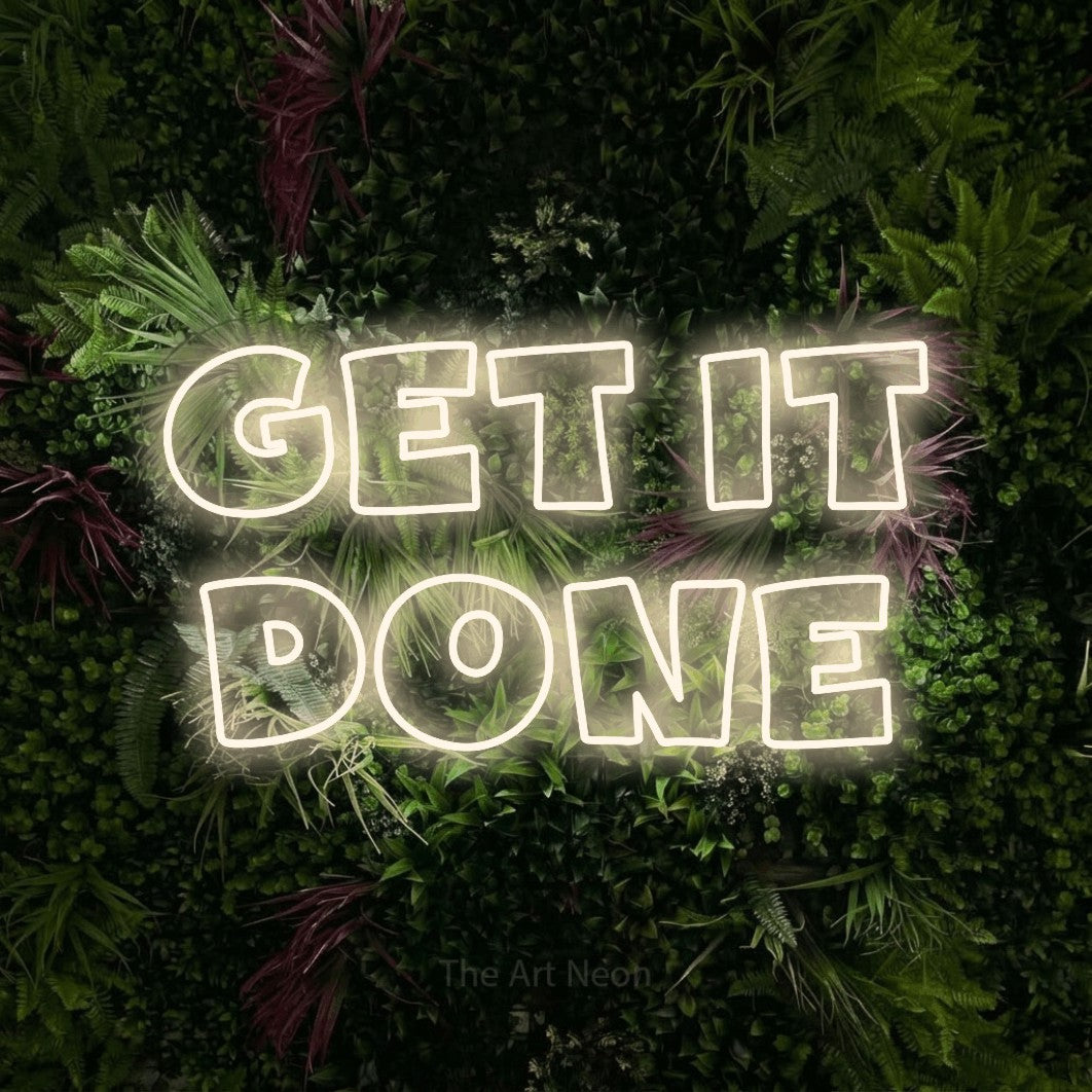LED neon sign reading “get it DONE”, arranged in 2 lines.