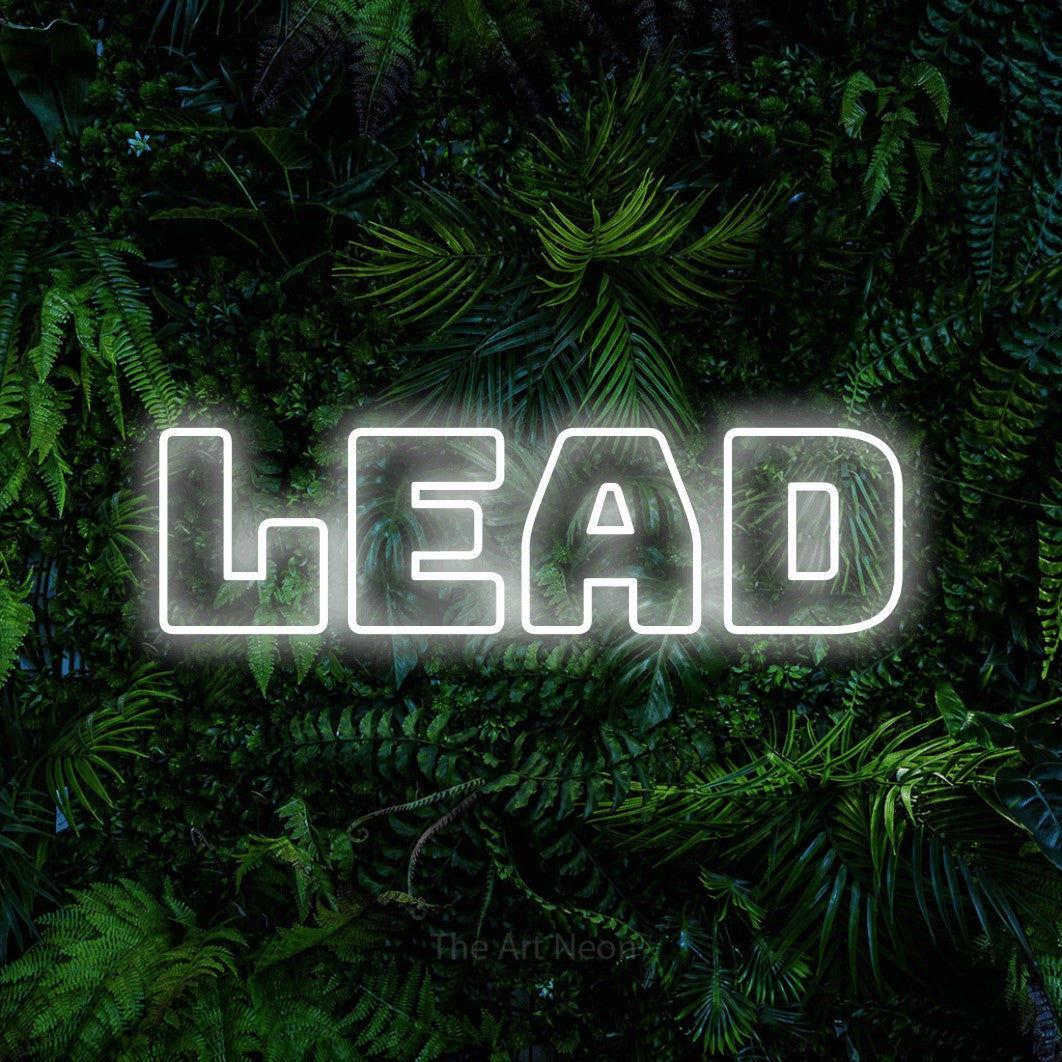 LED neon sign reading “LEAD”, arranged in a single line.