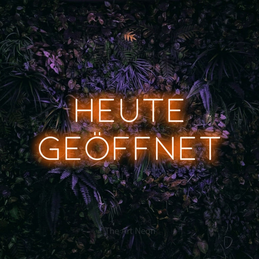 LED neon sign reading “HEUTE GEÖFFNET”, arranged in 2 lines.