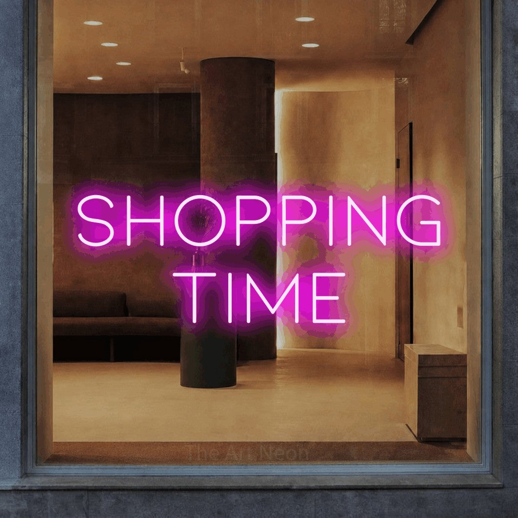 LED neon sign reading “Shopping Time”, arranged in 2 lines.