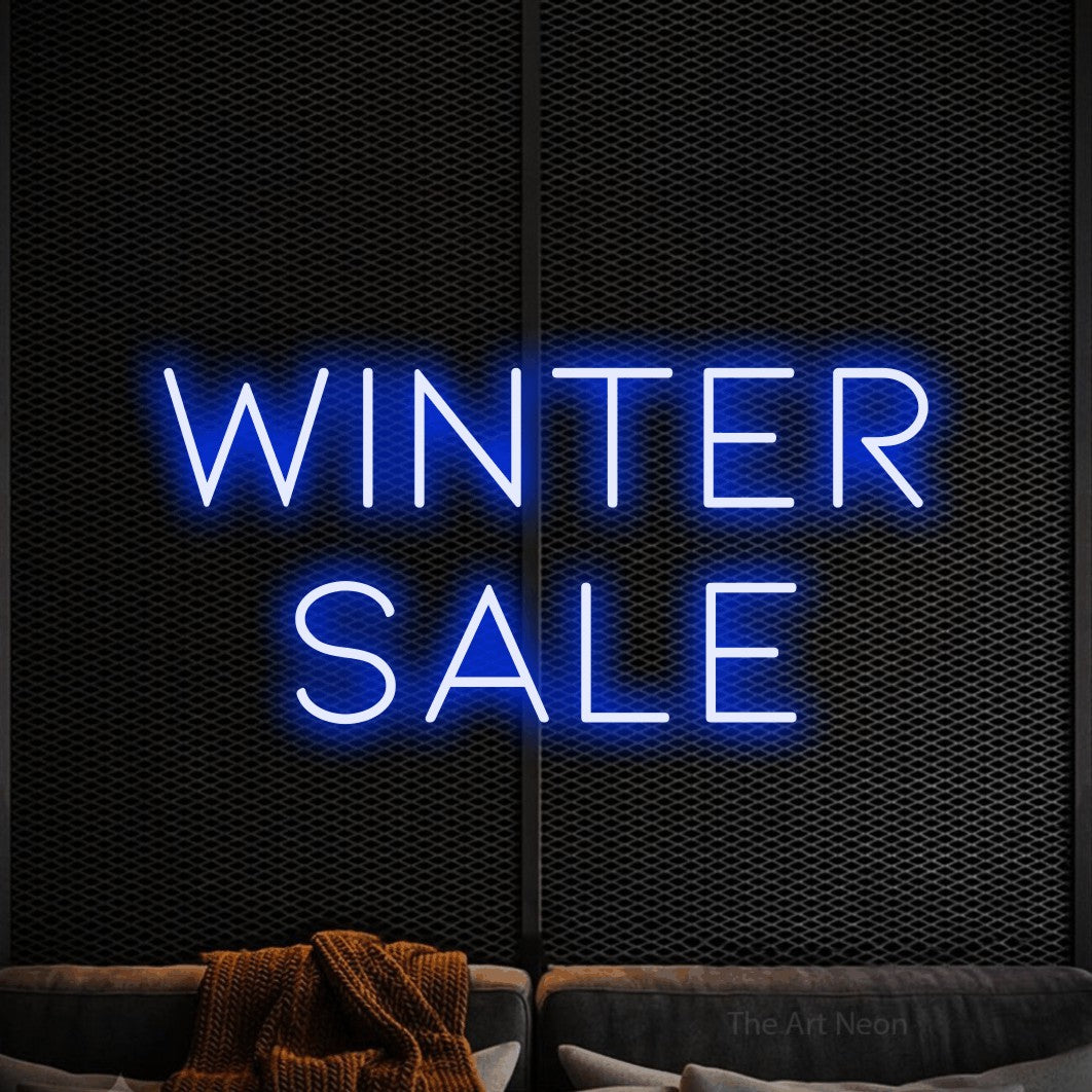 LED neon sign reading “winter sale”, arranged in 2 lines.