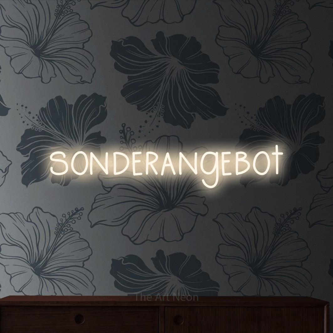 LED neon sign reading “sonderangebot”, arranged in a single line.
