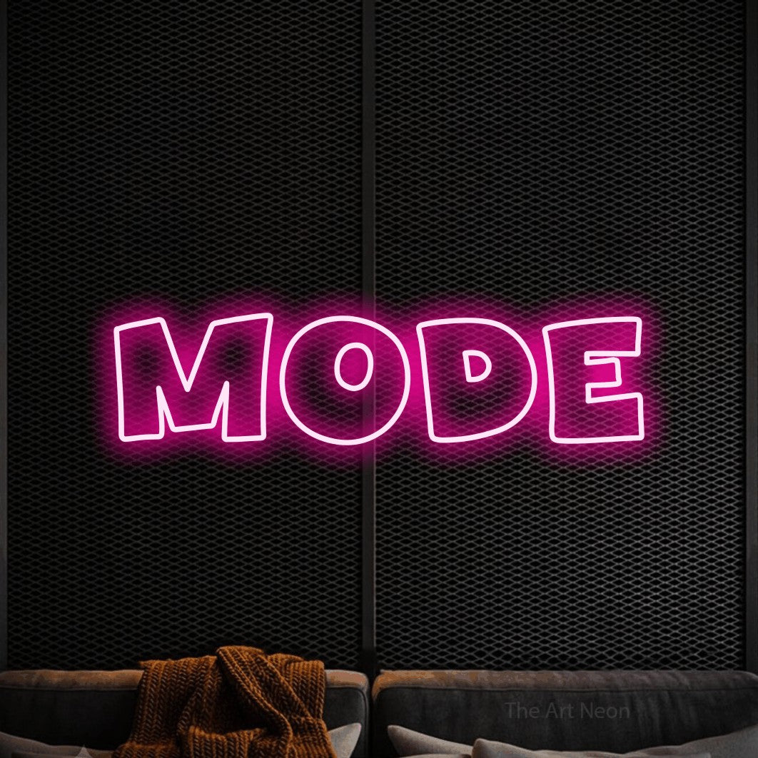 LED neon sign reading “mode”, arranged in a single line.