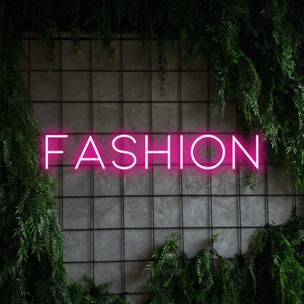 LED neon sign reading “FASHION”, arranged in a single line.