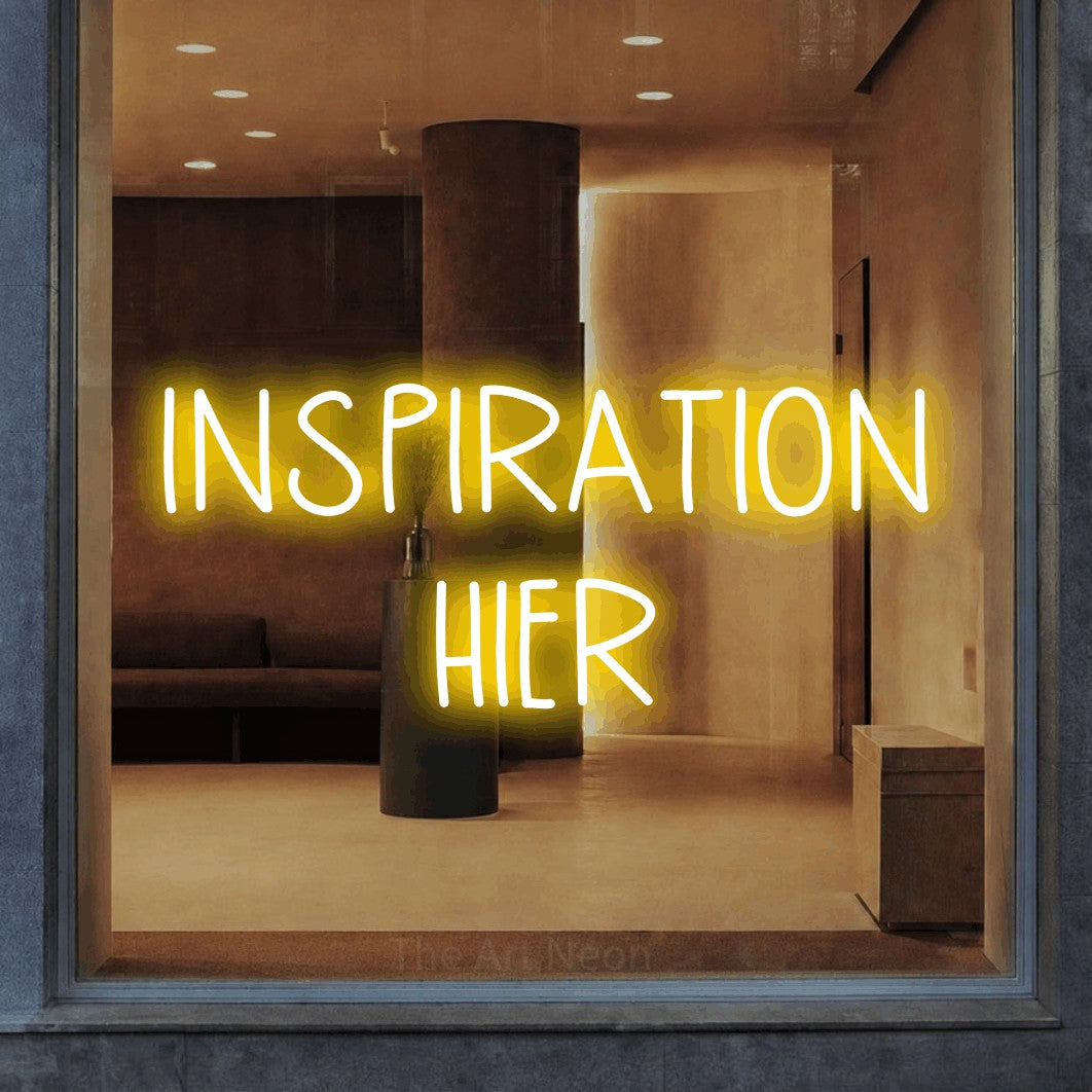 LED neon sign reading “INSPIRATION HIER”, arranged in 2 lines.