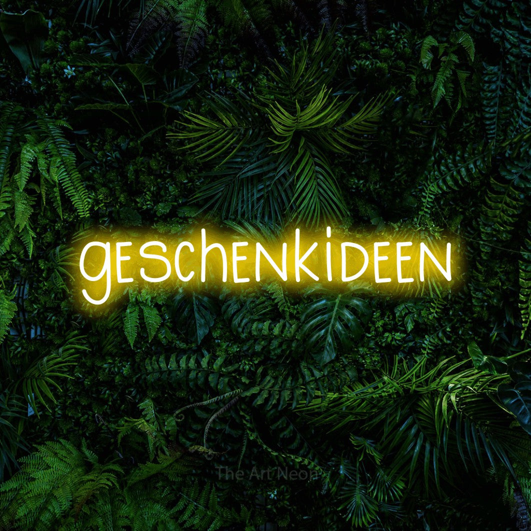 LED neon sign reading “geschenkideen”, arranged in a single line.