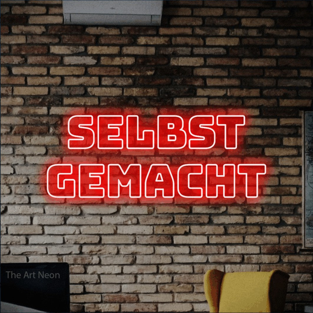 LED neon sign reading “SELBST GEMACHT”, arranged in 2 lines.