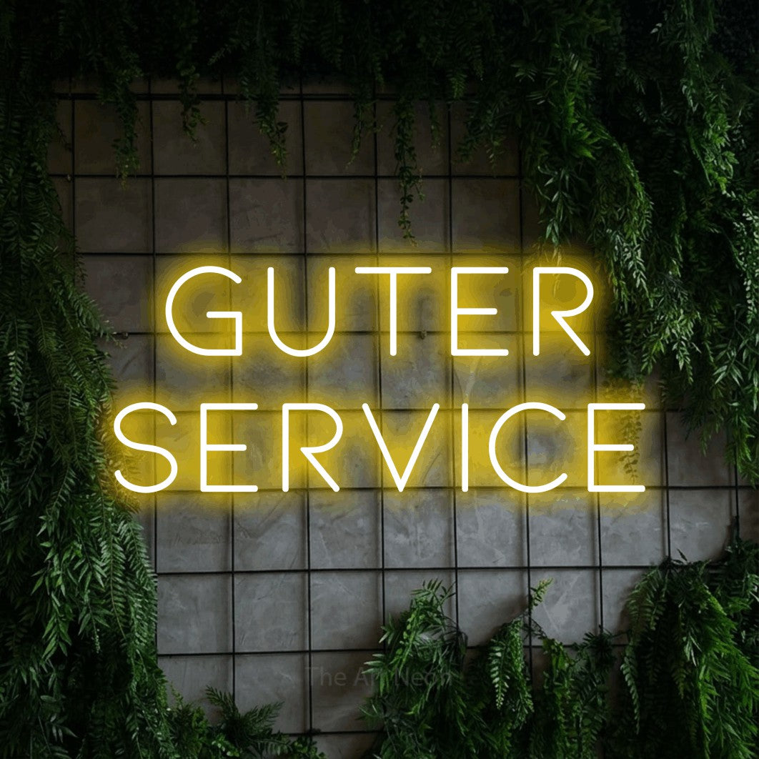 LED neon sign reading “Guter Service”, arranged in 2 lines.