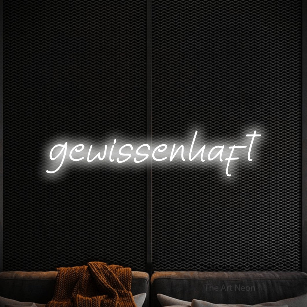LED neon sign reading “gewissenhaft”, arranged in a single line.