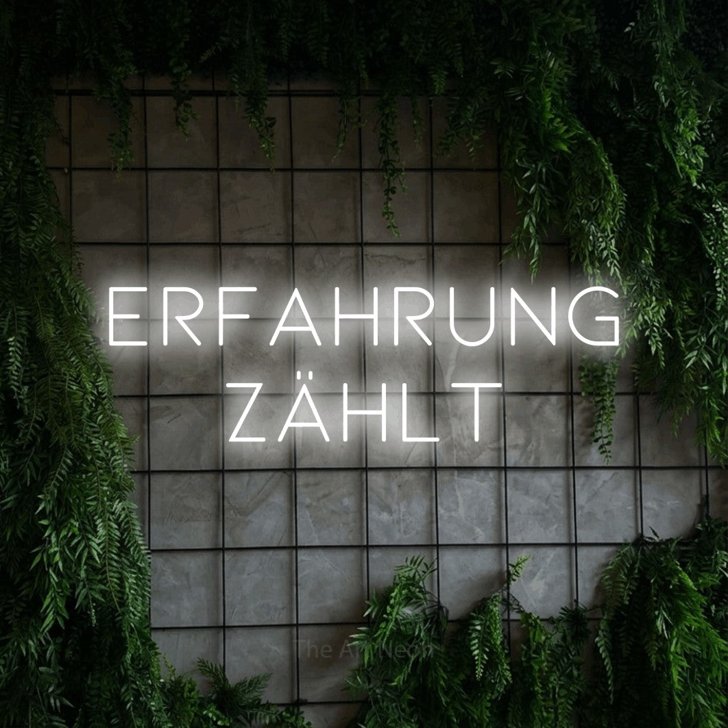 LED neon sign reading “ERFAHRUNG ZÄHLT”, arranged in 2 lines.