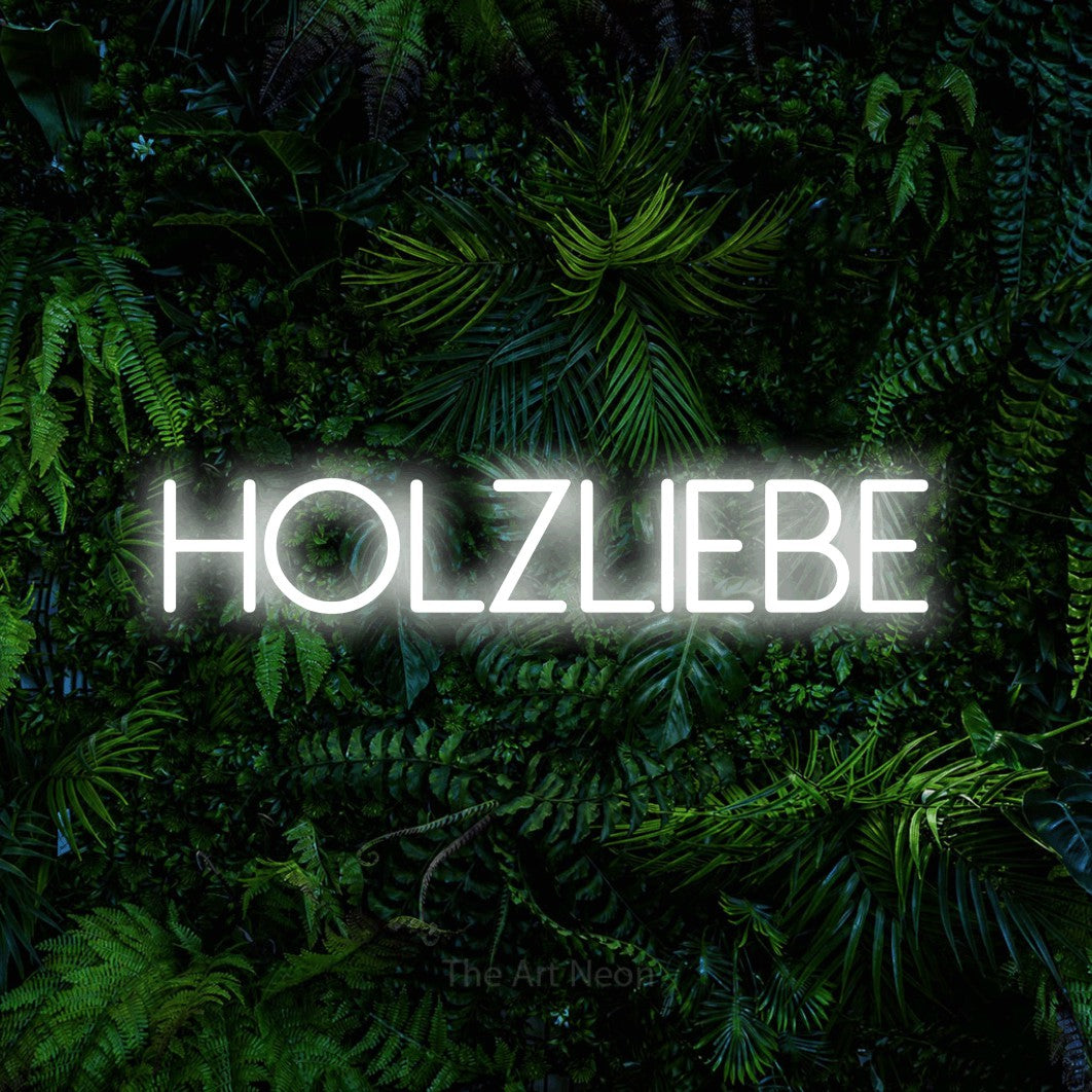 LED neon sign reading “Holzliebe”, arranged in a single line.