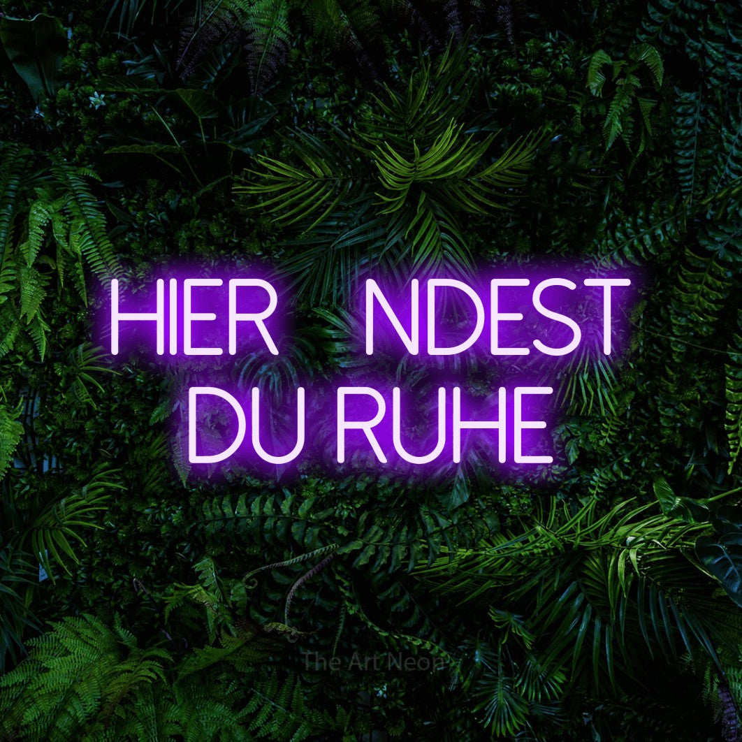LED neon sign reading “Hier findest du Ruhe”, arranged in 2 lines.