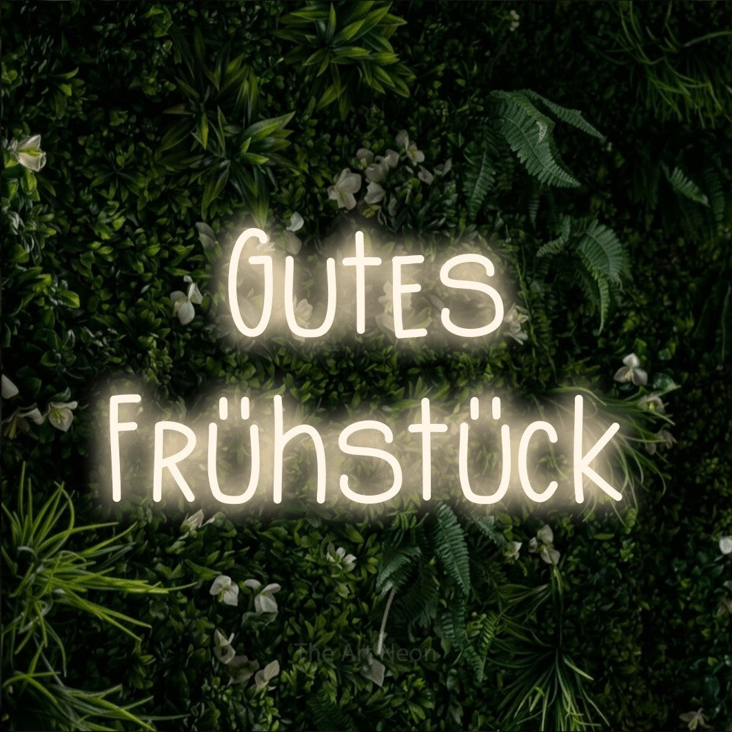 LED neon sign reading “Gutes Frühstück”, arranged in 2 lines.