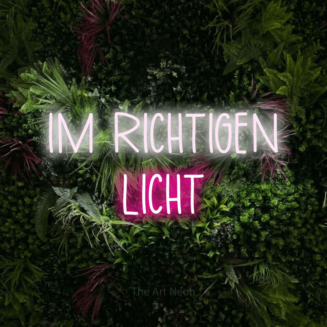 LED neon sign reading “IM RICHTIGEN LICHT”, arranged in 2 lines.