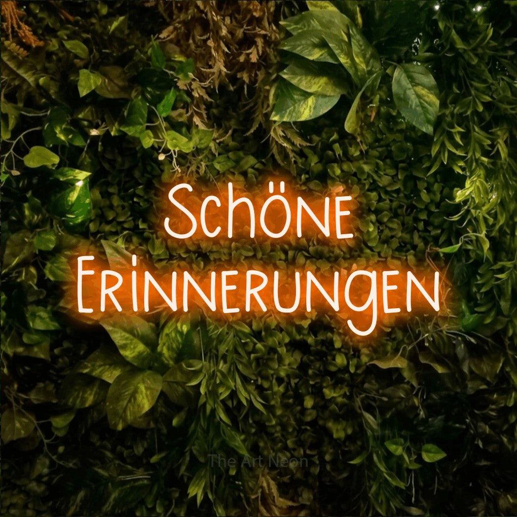 LED neon sign reading “Schöne Erinnerungen”, arranged in 2 lines.