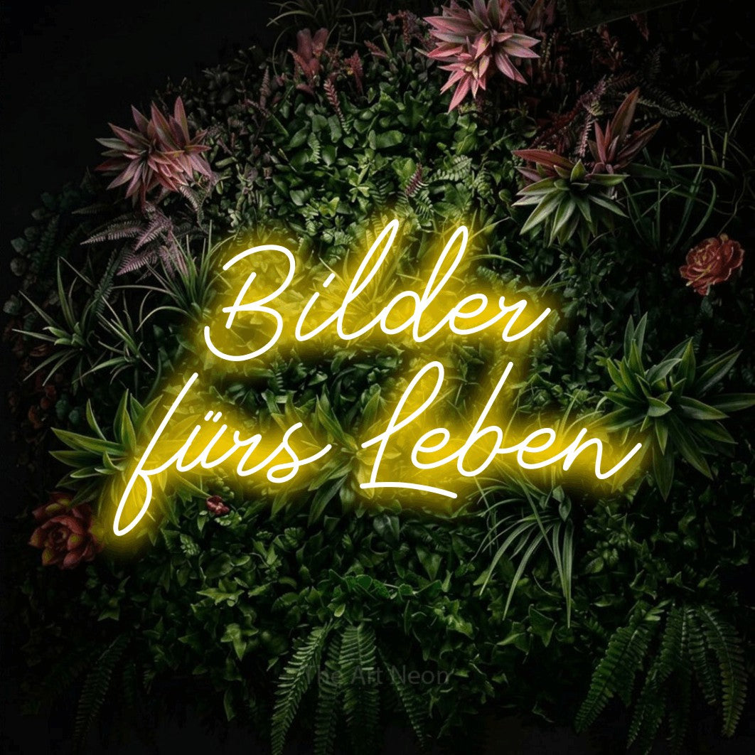 LED neon sign reading “Bilder fürs Leben”, arranged in 2 lines.