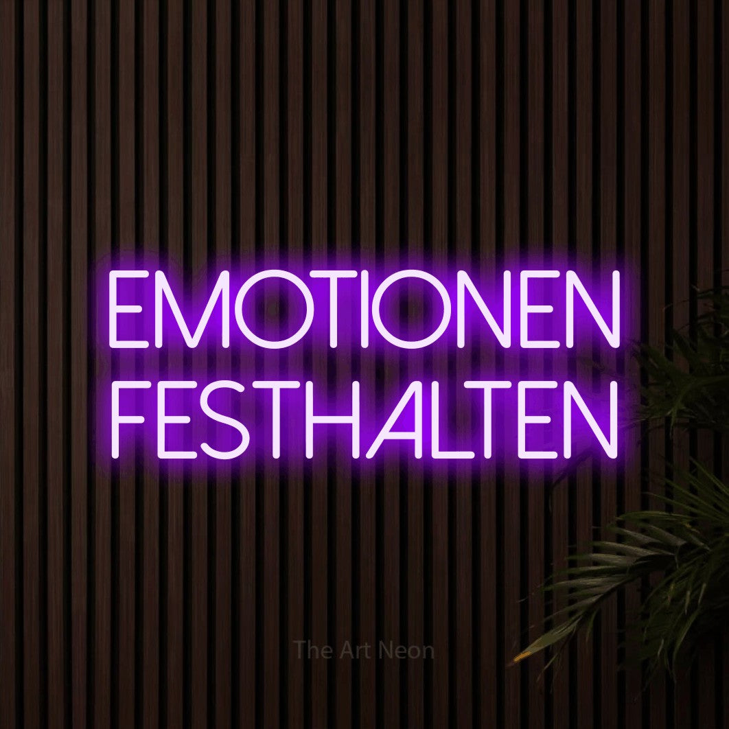 LED neon sign reading “emotionen festhalten”, arranged in 2 lines.
