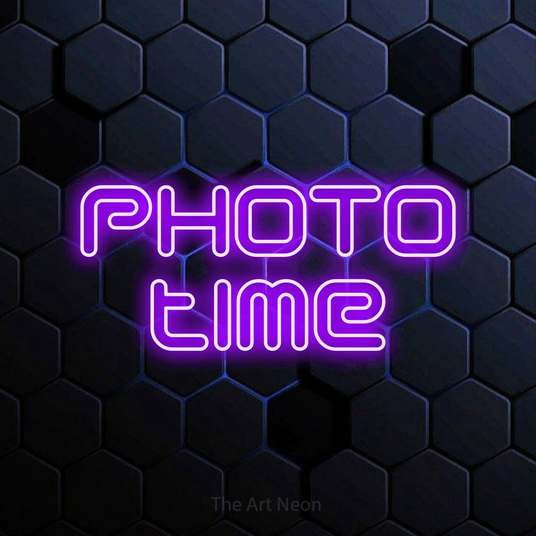 LED neon sign reading “PHOTO time”, arranged in 2 lines.