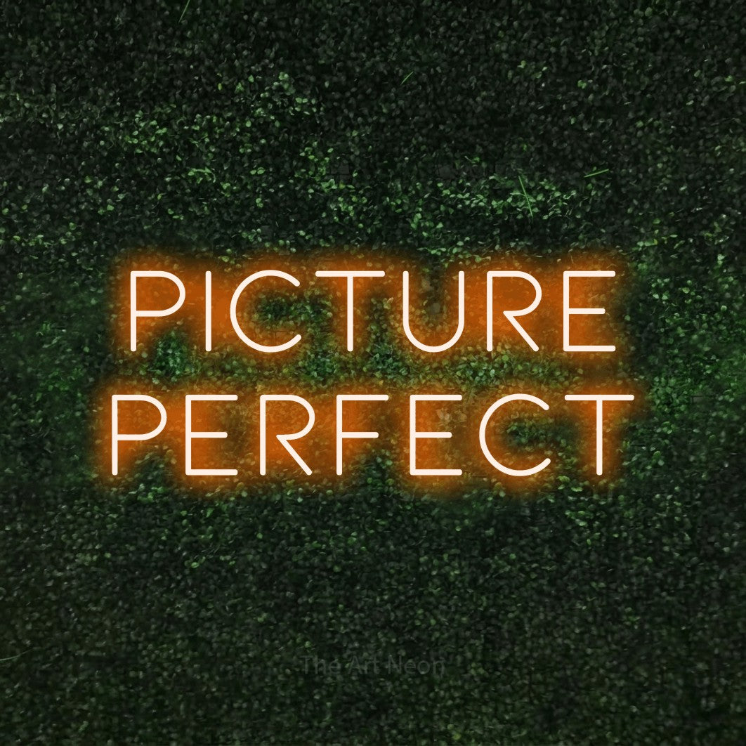 LED neon sign reading “Picture Perfect”, arranged in 2 lines.