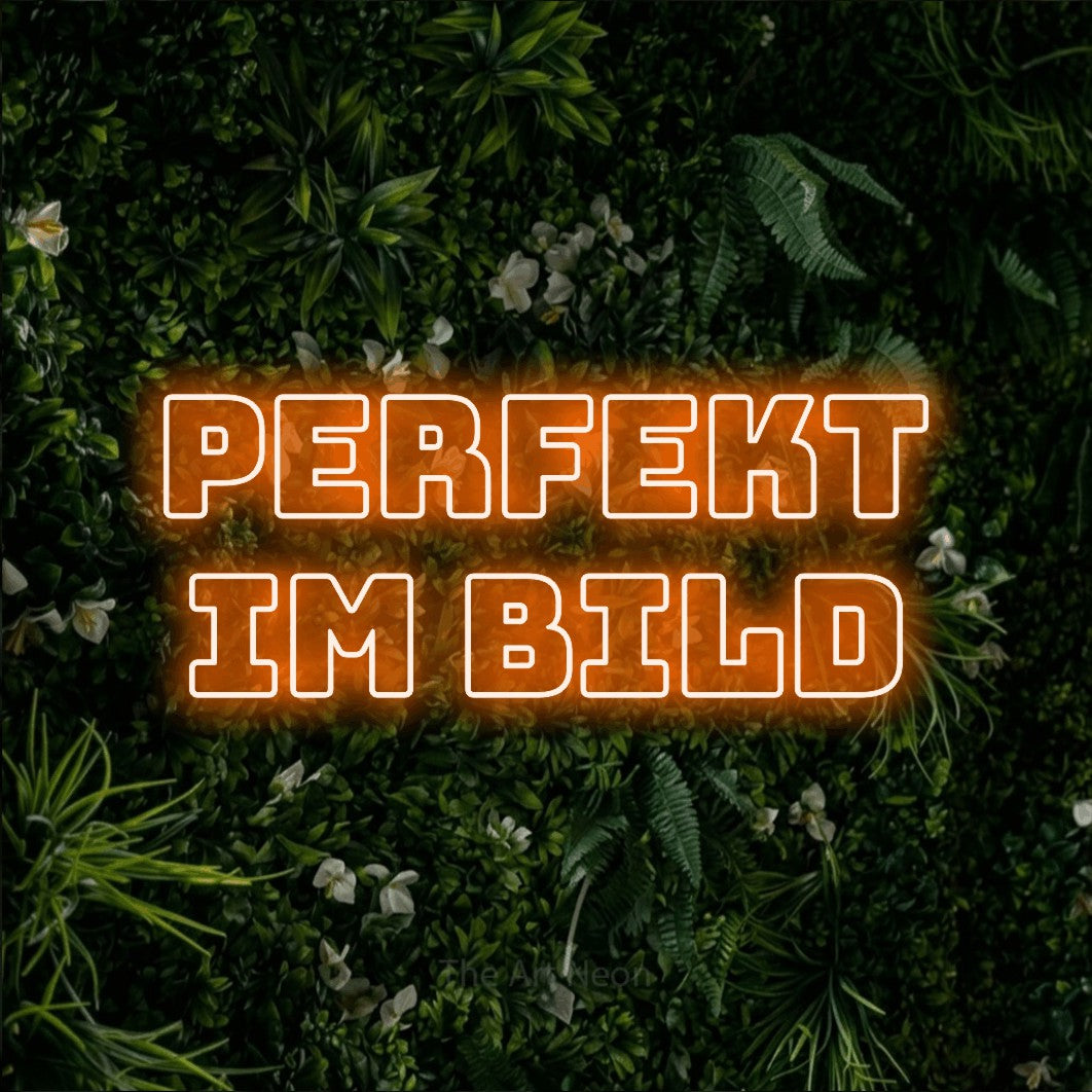 LED neon sign reading “PERFEKT IM BILD”, arranged in 2 lines.