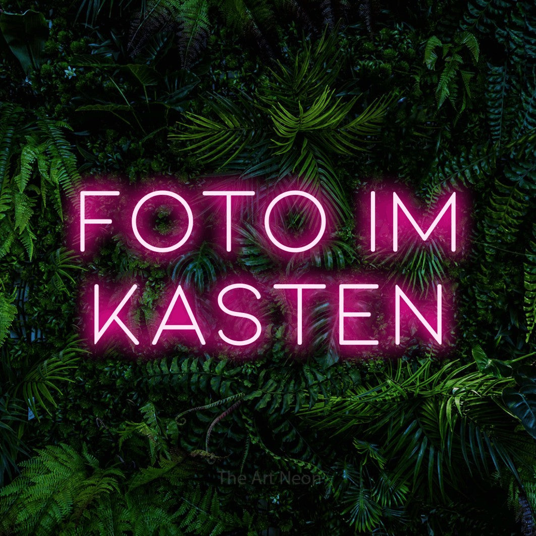 LED neon sign reading “foto im KASTEN”, arranged in 2 lines.