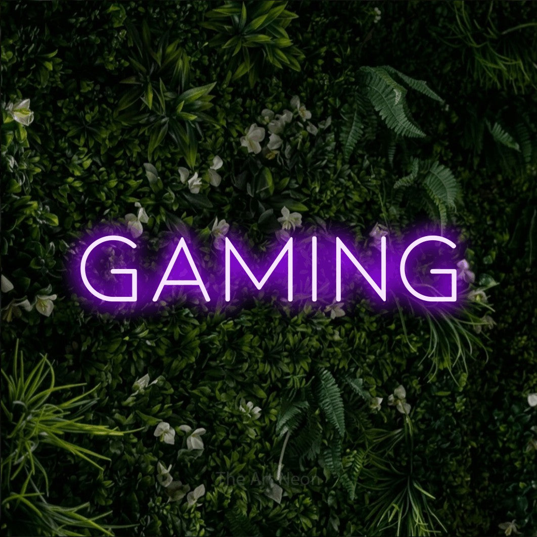 LED neon sign reading “Gaming”, arranged in a single line.