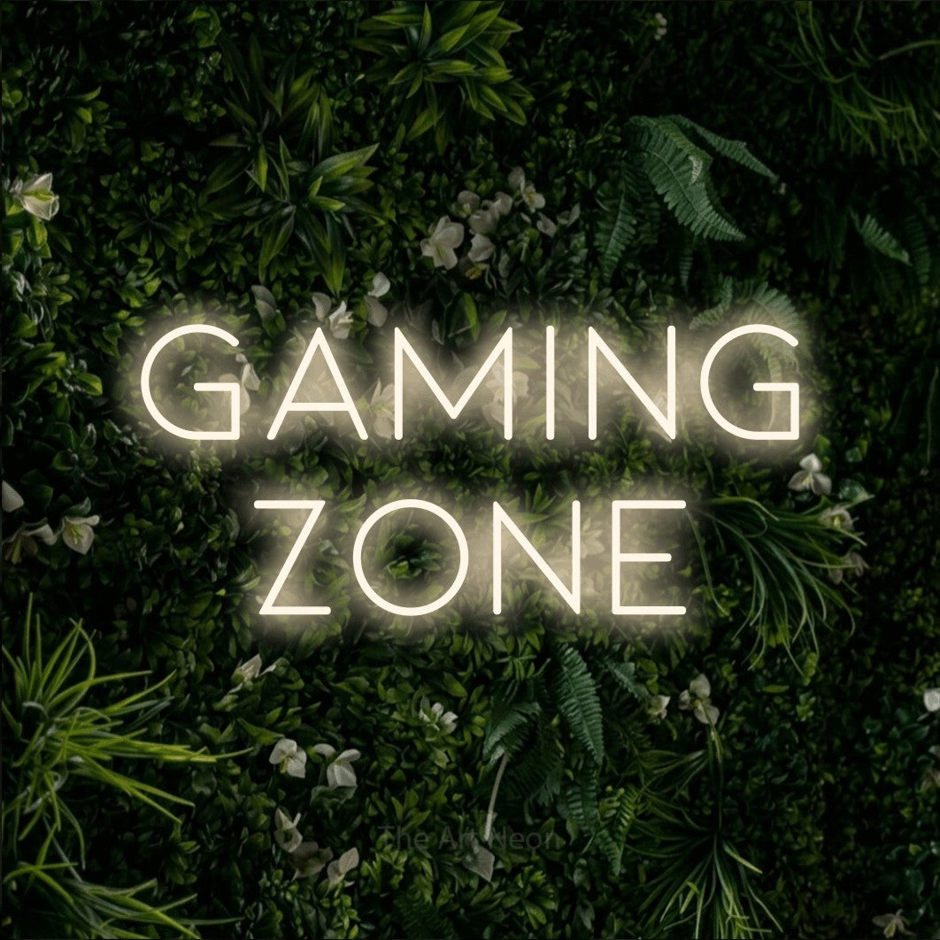 LED neon sign reading “GAMING ZONE”, arranged in 2 lines.