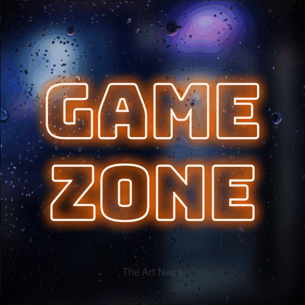 LED neon sign reading “Game Zone”, arranged in 2 lines.