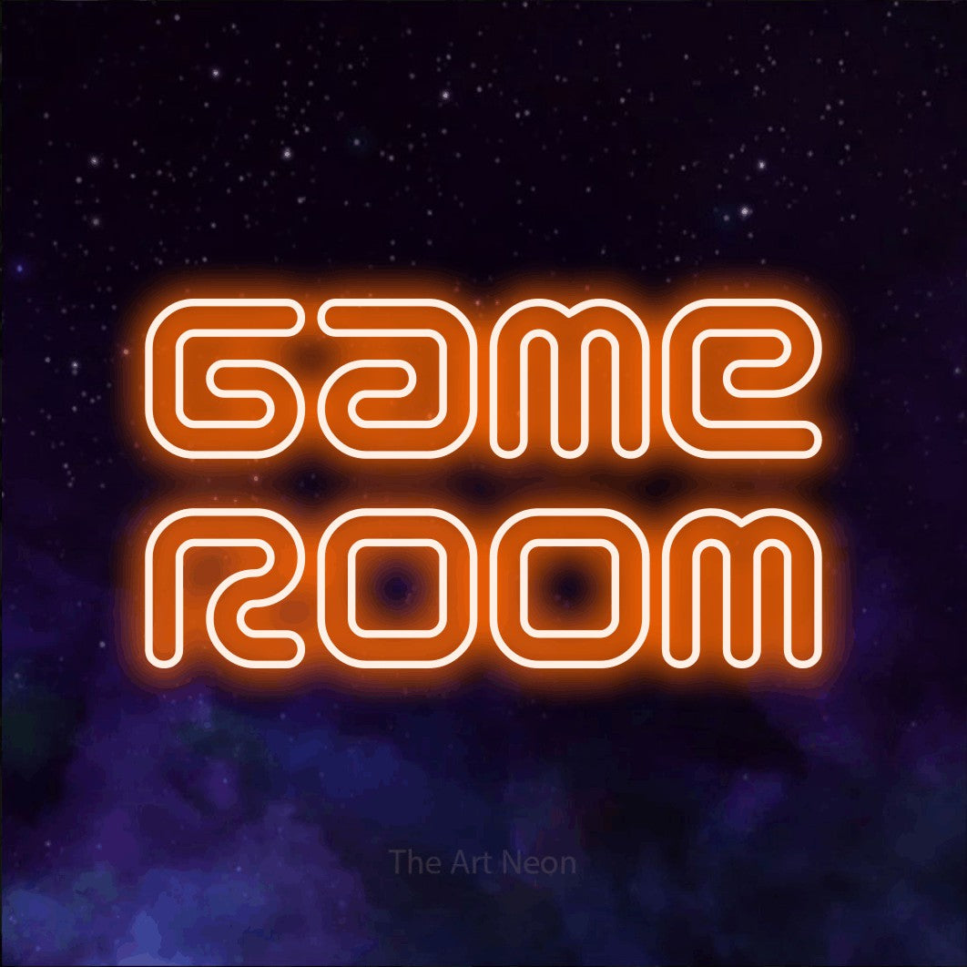 LED neon sign reading “Game Room”, arranged in 2 lines.