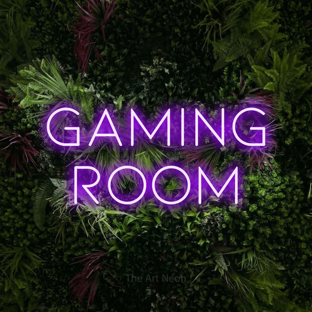 LED neon sign reading “GAMING room”, arranged in 2 lines.