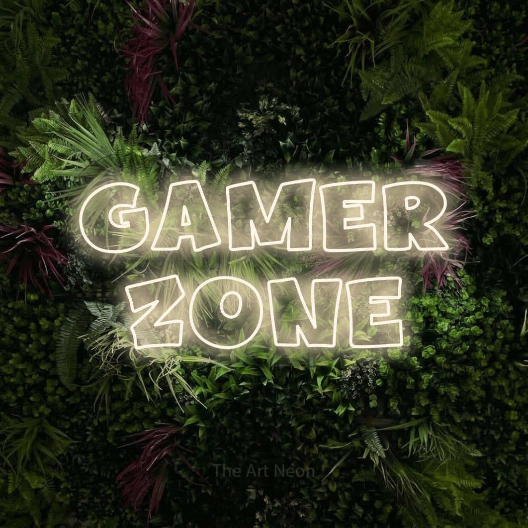 LED neon sign reading “GAMER ZONE”, arranged in 2 lines.