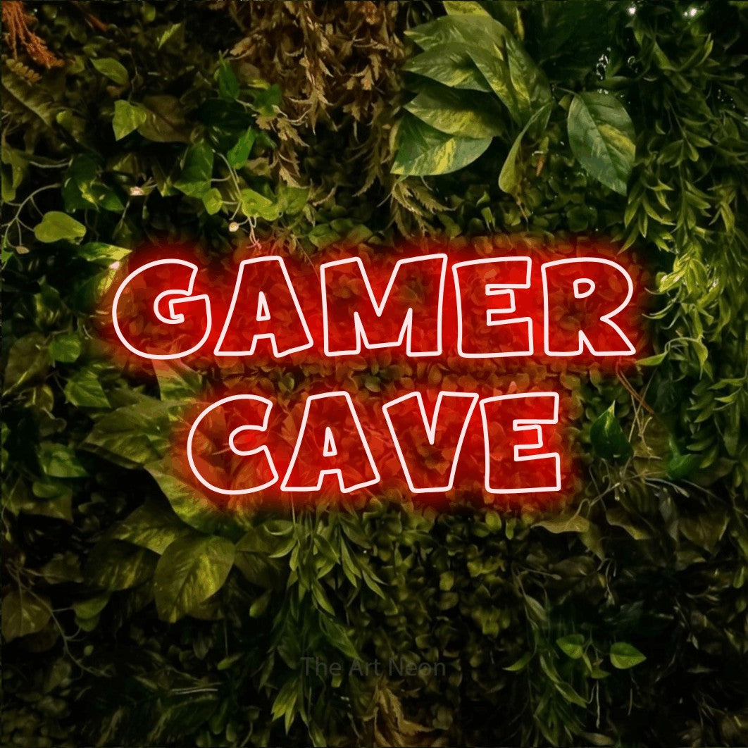 LED neon sign reading “GAMER cave”, arranged in 2 lines.