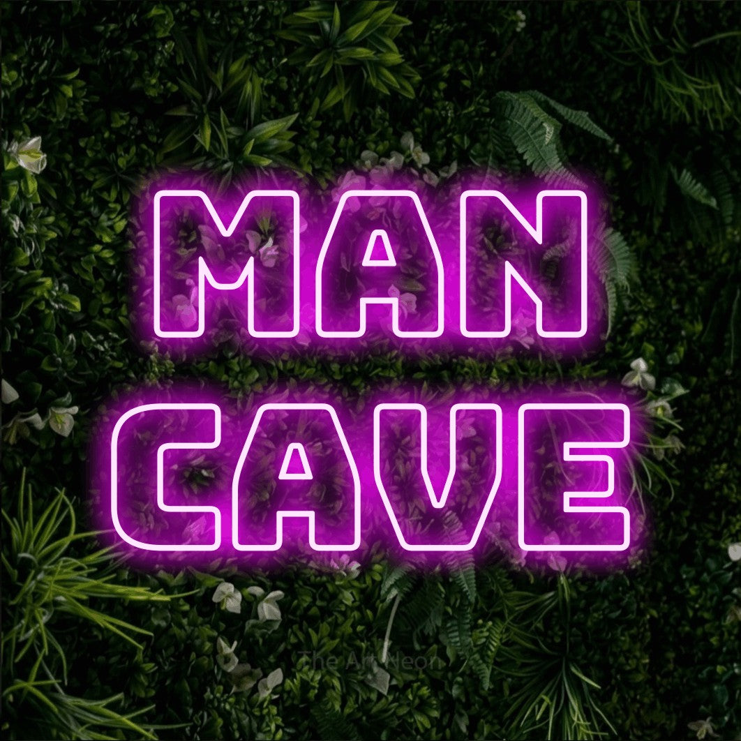 LED neon sign reading “Man Cave”, arranged in 2 lines.