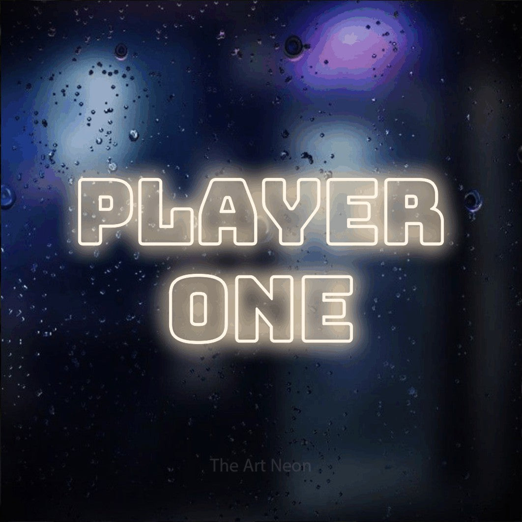 LED neon sign reading “Player One”, arranged in 2 lines.