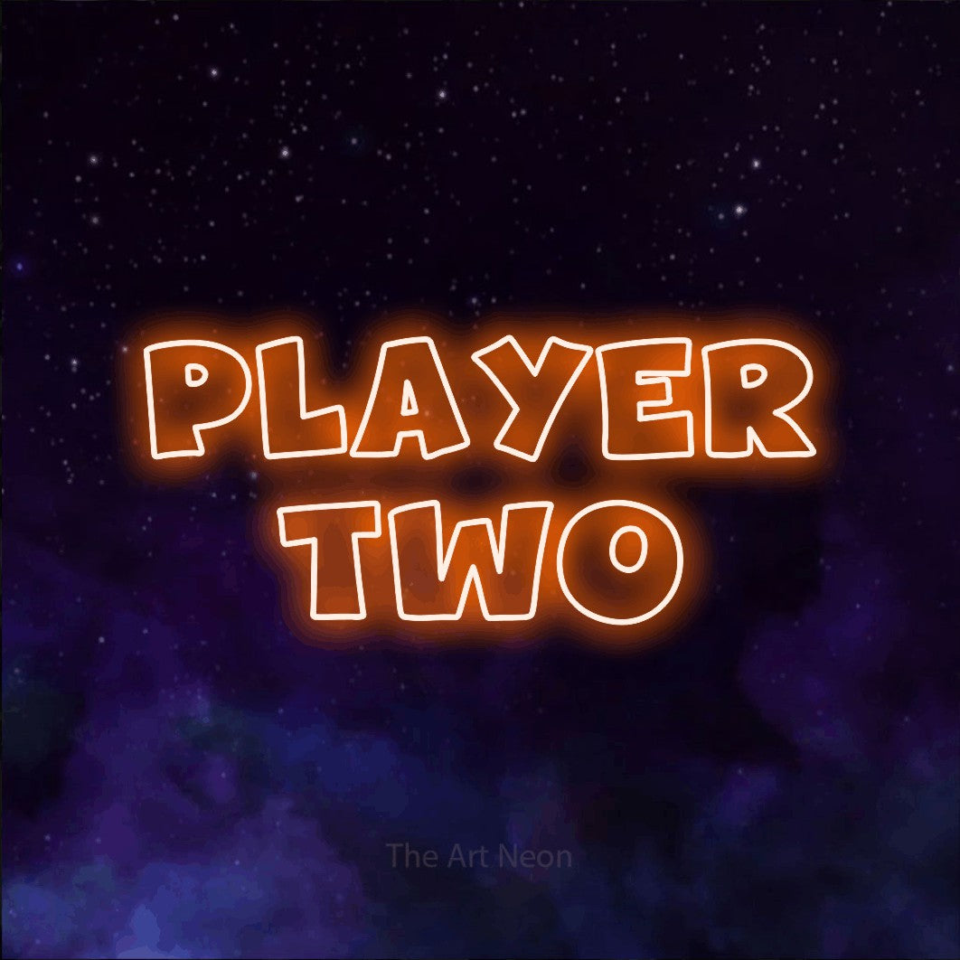 LED neon sign reading “Player Two”, arranged in 2 lines.