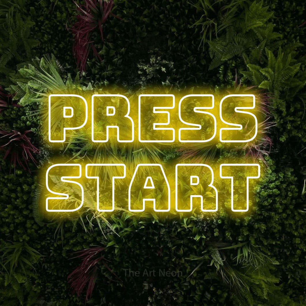 LED neon sign reading “PRESS START”, arranged in 2 lines.