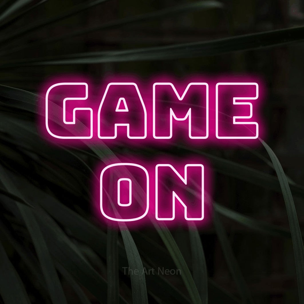 LED neon sign reading “Game On”, arranged in 2 lines.