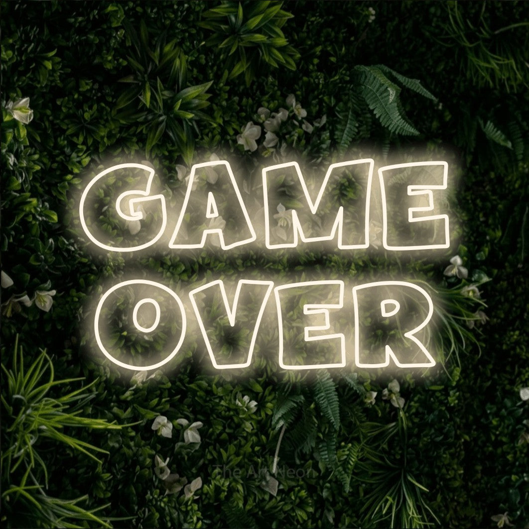 LED neon sign reading “GAME OVER”, arranged in 2 lines.