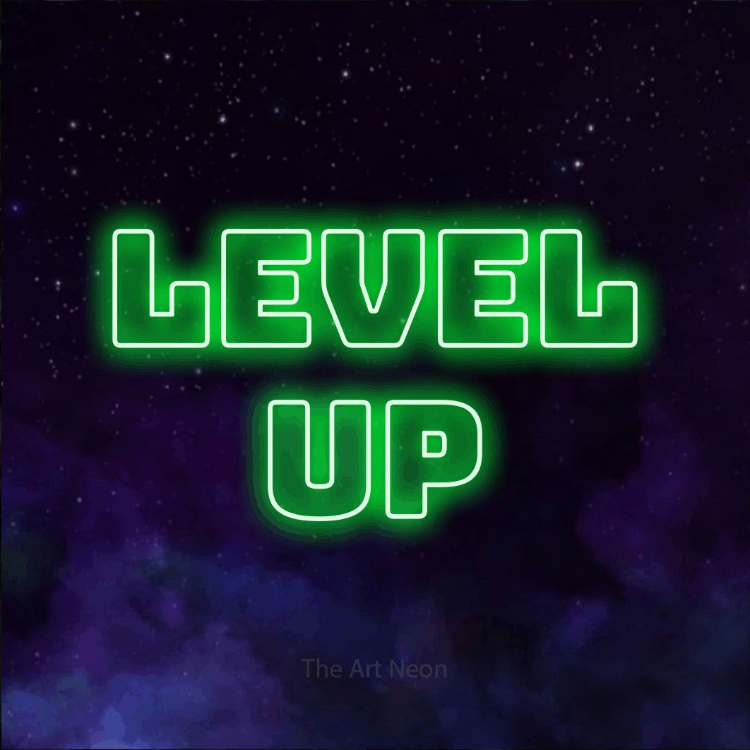 LED neon sign reading “Level Up”, arranged in 2 lines.